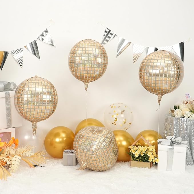 Disco Ball Balloons 4PC, Foil Disco Balloons 22 Inch 4D Round White Gold Balloon - Image 2