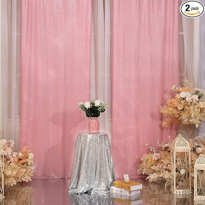 Poise3EHome 2Pcs 3Ft x 8Ft Pink Sequin Backdrop Curtain, Glitter Photography by Poise3EHome