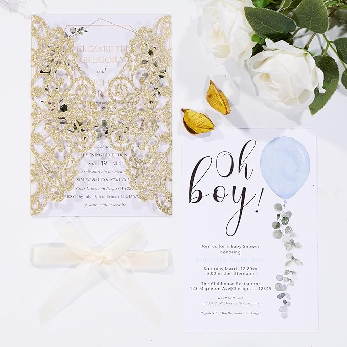 50Pcs Gold Glitter Laser Cut Wedding Invitation - Image 3