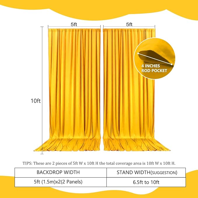 2 Panels Gold Yellow Backdrop Curtain, 10 x 10 Feet Background Curtains - Image 2