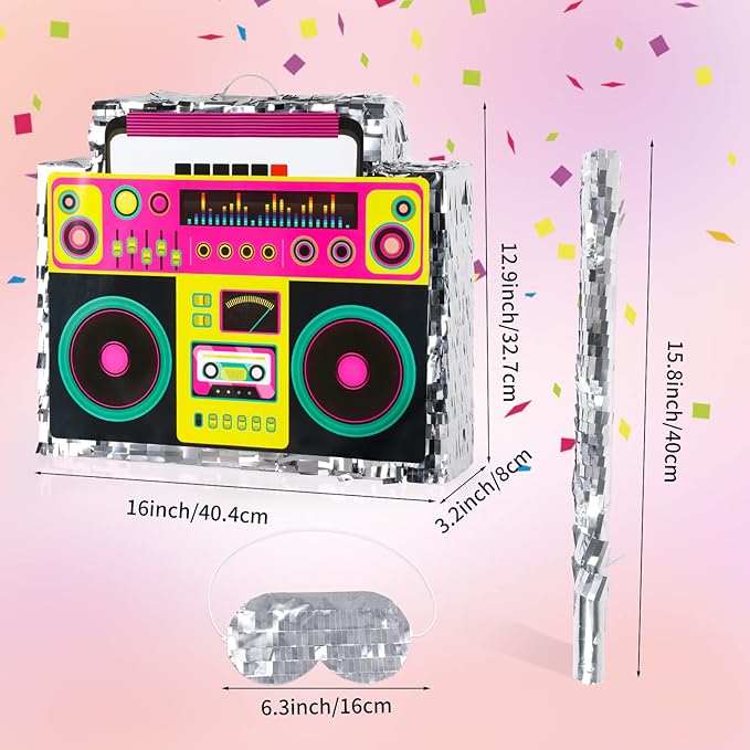 Boombox Pinata with Stick & Hanging Loop Retro 90s Hip Hop Mexican Pinata Game - Image 2