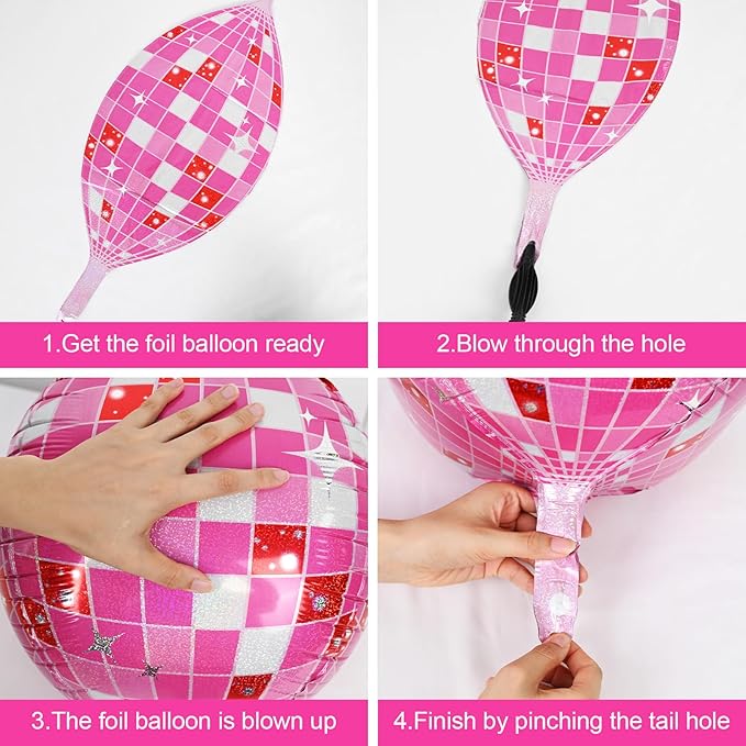 Disco Ball Balloons Pink Silver 4PC, Foil Disco Balloons 22 Inch 4D Round Pink - Image 6
