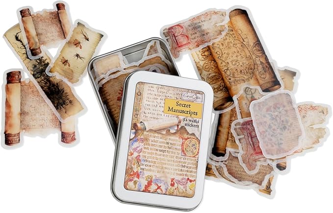 Vintage Journal Stickers with Tin Box, Unique Washi Stickers by Unknown