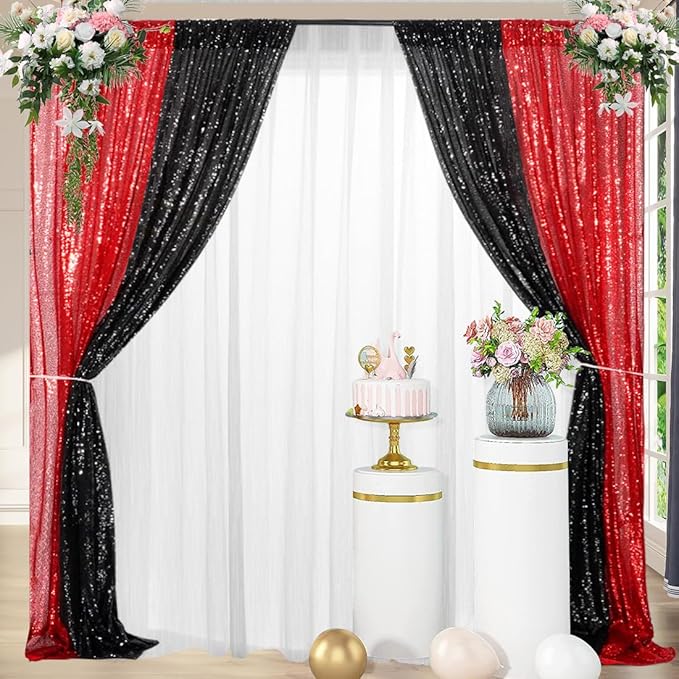 4 Panels Black&Red Sequin Backdrop Curtain 2FTx8FT Glitter Sequin Backdrop - Image 4