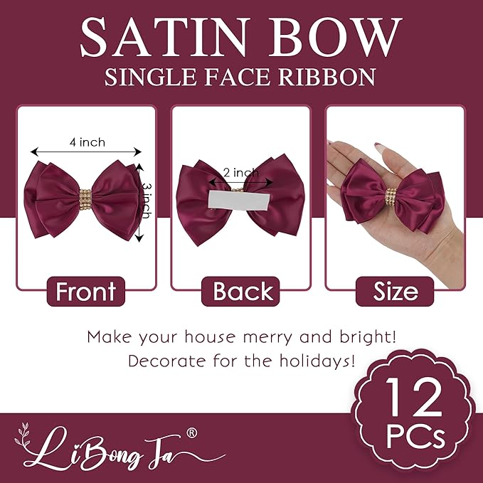 Dark Red Ribbon Bow 4'' Premade Satin Red Bows, Burgundy Gift Bows - Image 2