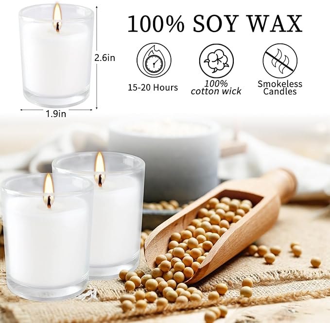 48 Pack White Unscented Clear Glass Filled Votive Candles. Hand Poured Wax - Image 7