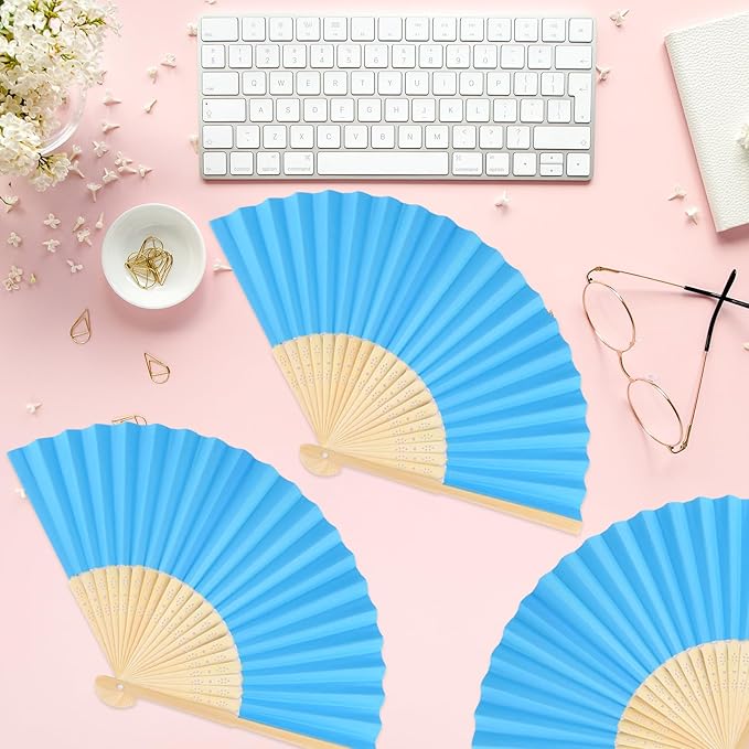6 Pieces Blue Hand Held Bamboo Folding Fans Foldable Paper Fans Handheld - Image 6
