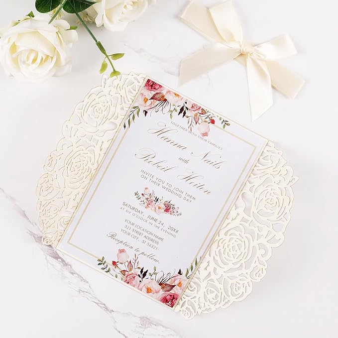 50pcs Gold Glitter Laser Cut Invitation Pockets Rose Personalized Blank Wedding - Image 5