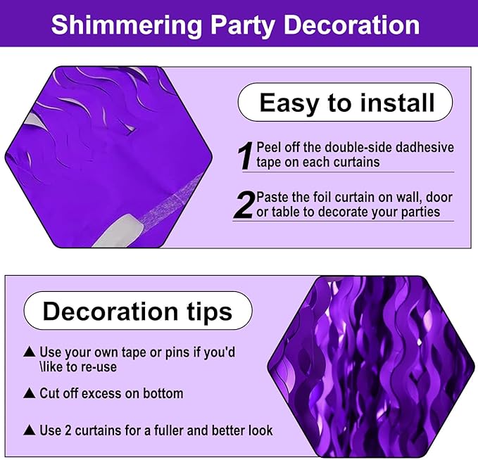 4 Pack Purple Wave Foil Fringe Curtain Backdrop, 3.28Ft x 8.2Ft Metallic Tinsel - Image 3