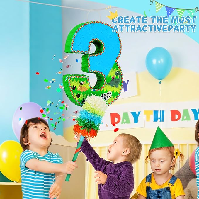 Number 3 Pinata for Birthday Party Decorations, Jungle Dinosaur Piñata Games Toy - Image 3