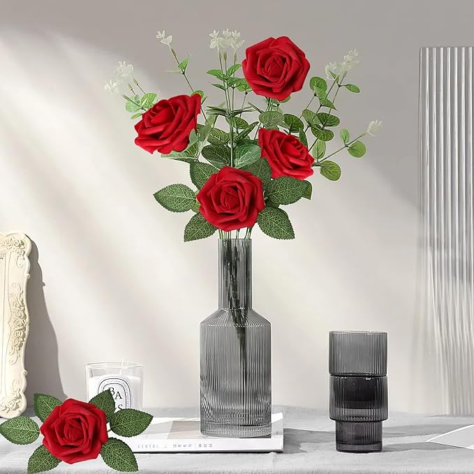 AmyHomie Artificial Flowers Dark Red Rose 50pcs Real Looking Fake Roses w/Stem - Image 5