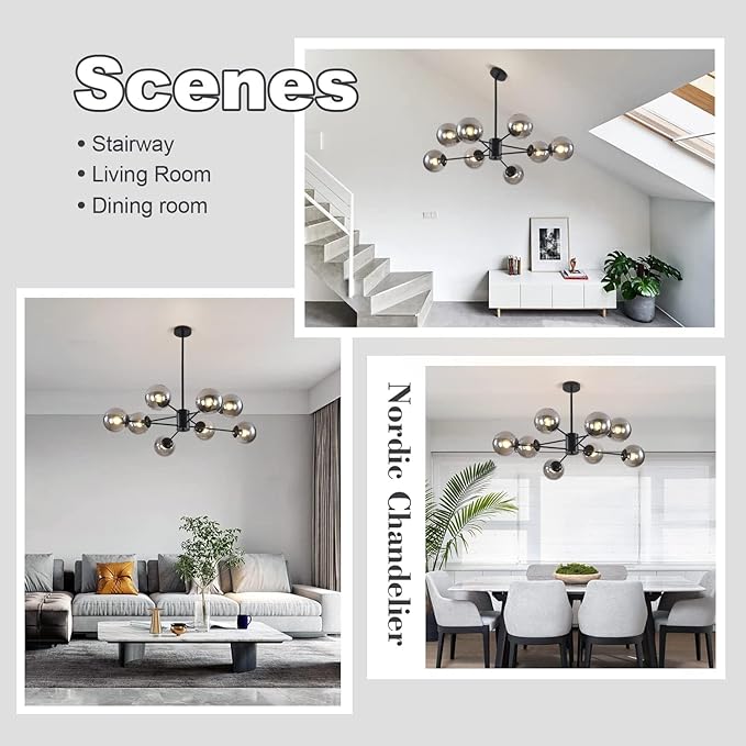 KCO Lighting Modern Glass Globe Sputnik Chandelier 8-Light Mid Century Black - Image 7