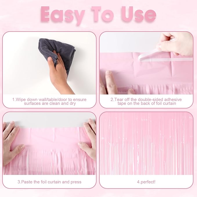 3 Pack 3.3 x 8.2 ft Pasel Pink Foil Fringe Backdrop Curtains, Tinsel Streamers - Image 4