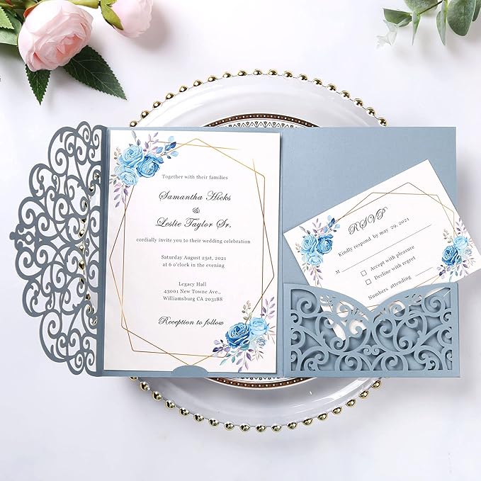 PONATIA 5.12 x 7.2 Dusty Blue Laser Cut Invitation Pocket - Image 2
