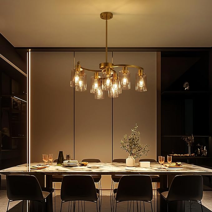 9-Light Gold Glass Chandelier, Adjustable Height Dining Room Light Fixtures - Image 2