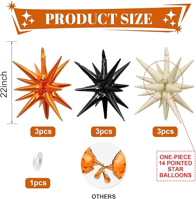 Black White Orange Star Balloons - Image 2