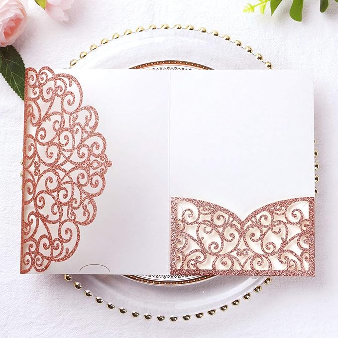PONATIA 5.12 X 7.2 Rose Gold Glitter Wedding Invitations by ponatia