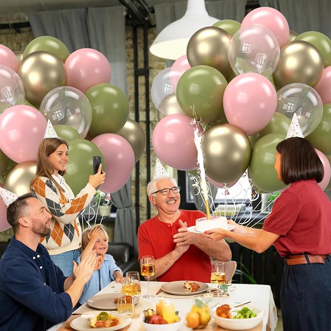Retro Sage Green and Pink Balloons, 12 inch Metallic Gold Olive Green Pink - Image 8