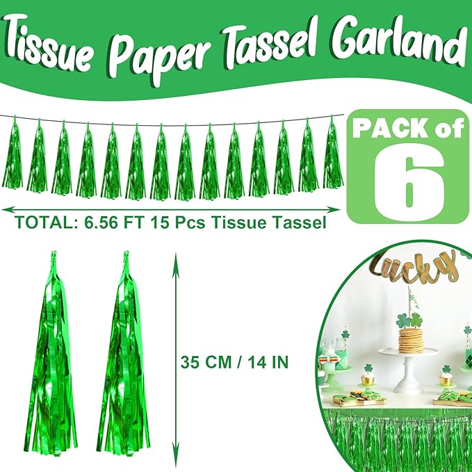 6P Green Foil Fringe Metallic Tassel Streamers Banner Tassel Garland - Image 2