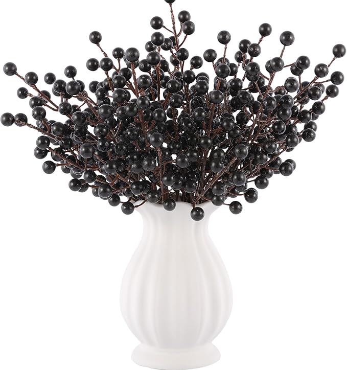 40 Pcs Artificial Berry Stems Branches, Halloween Black Faux Holly Berries by RowfadFlora
