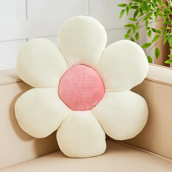 White Pink Flower Pillow, 14.9" Cute Flower Shaped Floor Pillow, Aesthetic by Kcvvcr