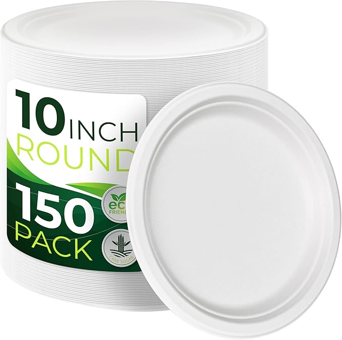 150pcs 100% Compostable Paper Plates, Heavy Duty, Eco Friendly, Biodegradable by Birchio