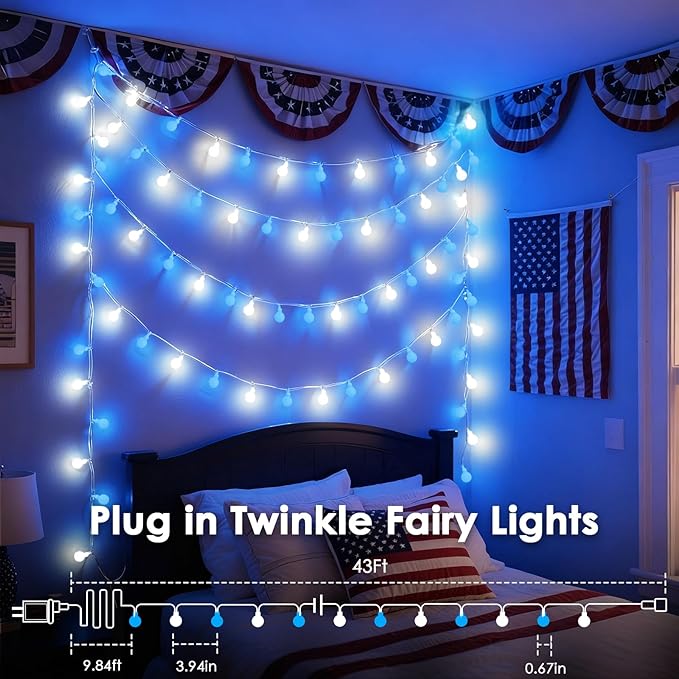 43FT Connectable String Lights Indoor Outdoor | 100LED Blue and White Globe - Image 2