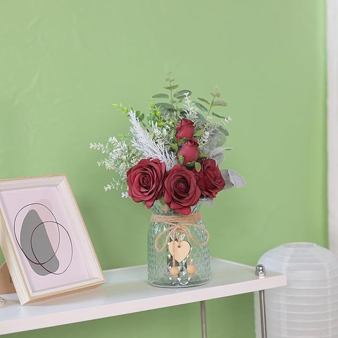 Faux Flowers with Vase, Artificial Silk Roses in Vase, Fake Plant Eucalyptus - Image 9