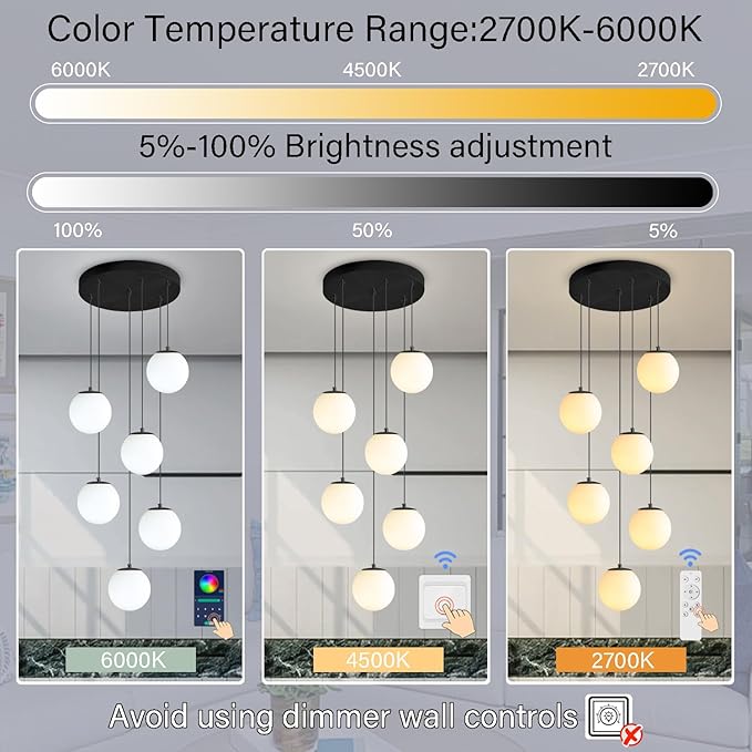 H 87in Globe Pendant Light 6-Lights Modern Hanging Chandelier - Image 4