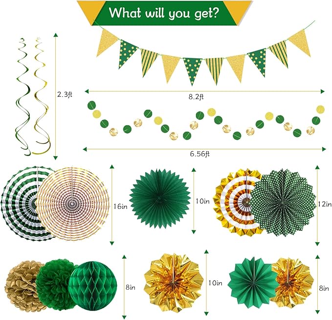 Green Gold Party Decorations Paper Fans, Graduation Season Hanging Glitter - Image 3