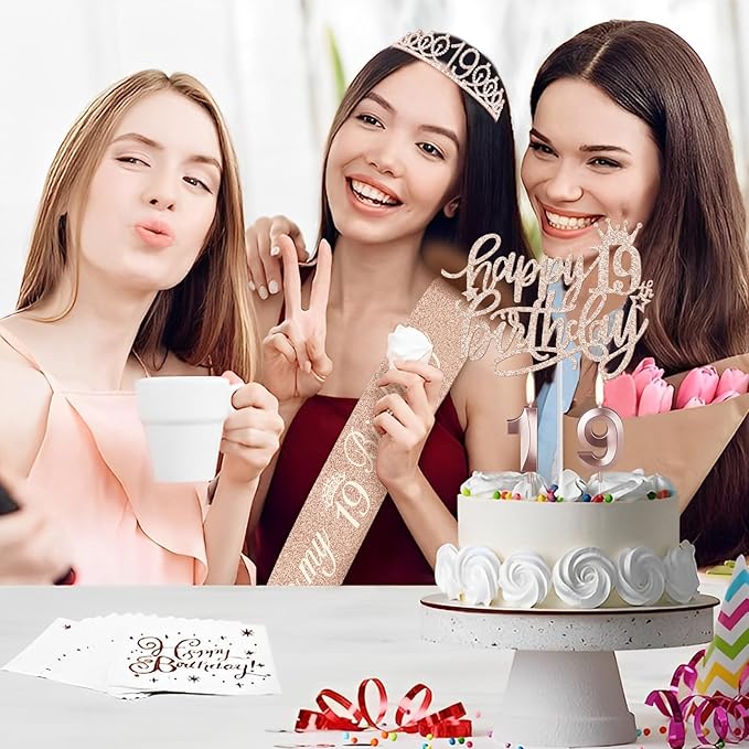 19th Birthday Decorations Including Birthday Sash, Tiara/Crown, Numeral Candles - Image 2