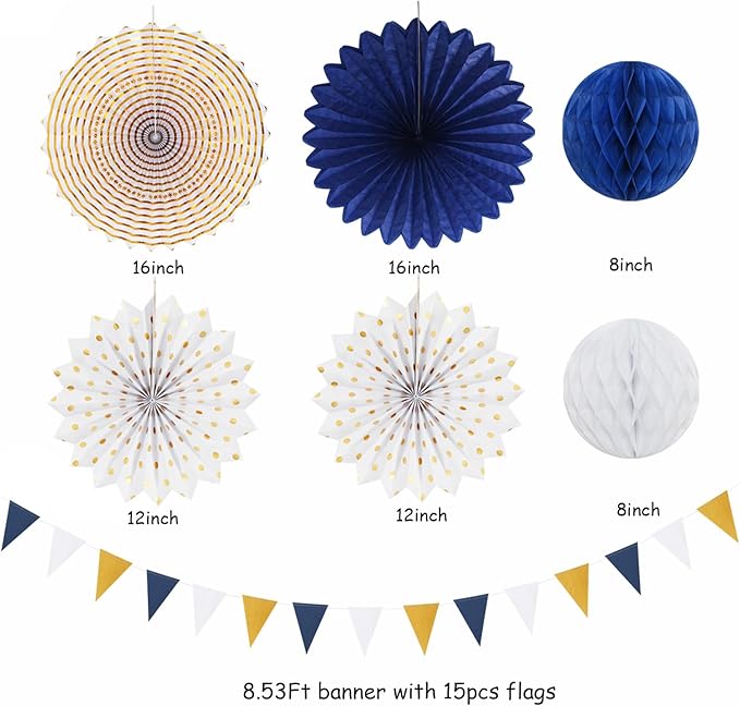 Navy-Blue White Gold Party-Decorations - Image 2