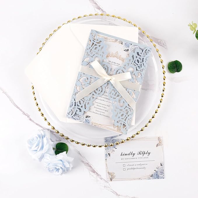 50pcs Laser Cut Wedding Invitation Pockets 5x7 '' Dusty Blue Wedding - Image 2