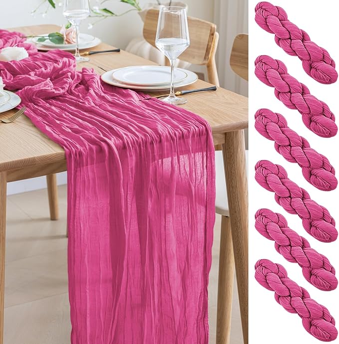 Asee'm 6pcs Cheesecloth Table Runner 120 Inches Long Deep Pink Boho Gauze by Aseem