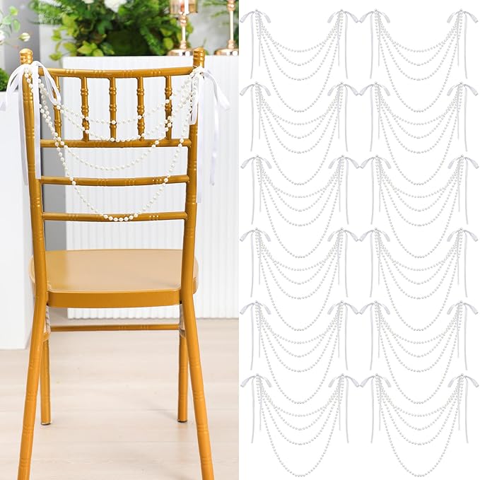Wedding Pearl Bow Chair Decor Satin Ribbon Bows by Wonderjune