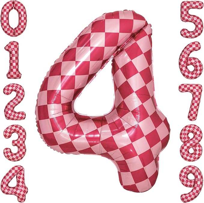 40 Inch Pink Checkered 4 Balloon Large Hot Pink Number Balloons by cocodino