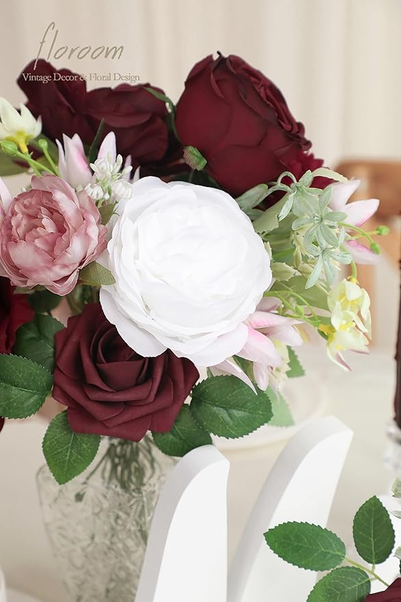 Floroom Burgundy Artificial Flowers Marsala Fake Roses Peonies Dahlia Greenery - Image 5
