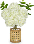 Hollyone White Hydrangea Artificial Flowers in Woven Glass Vase by Hollyone