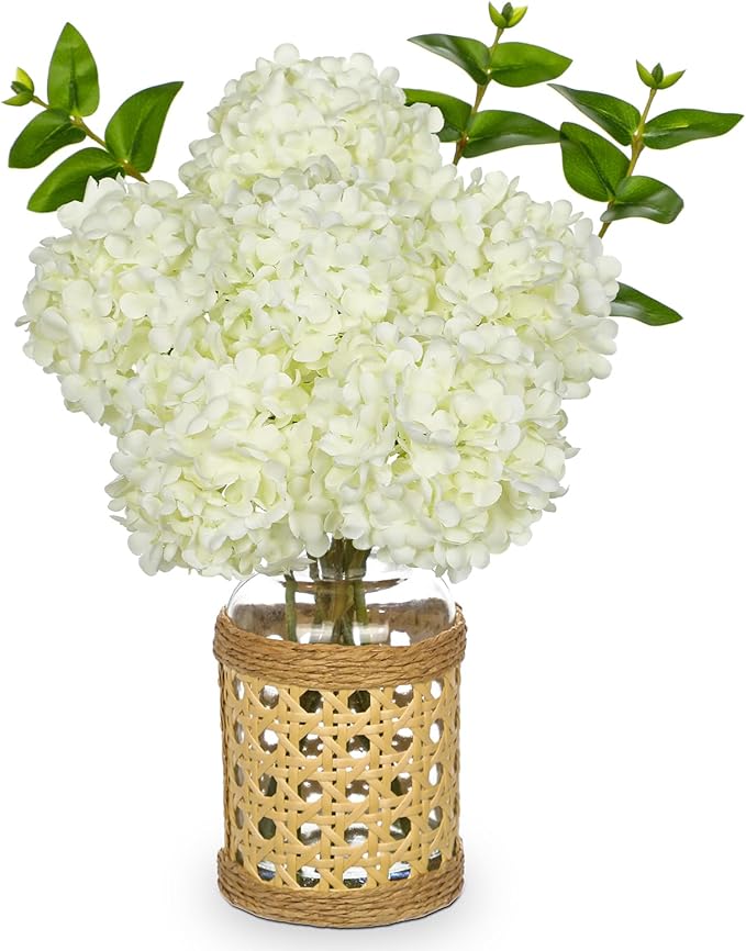 Hollyone White Hydrangea Artificial Flowers in Woven Glass Vase by Hollyone