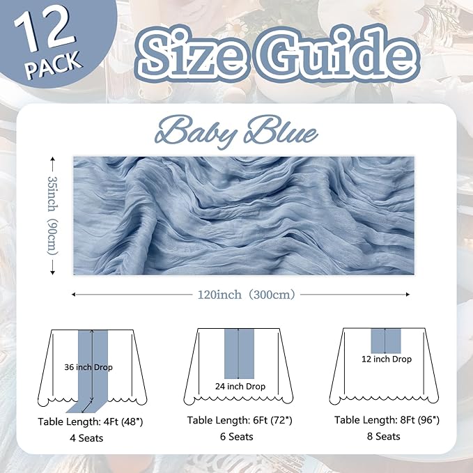 12 Pack Dusty Blue Table Runner 10ft Boho Gauze Fabric Cheesecloth Table Runner - Image 2