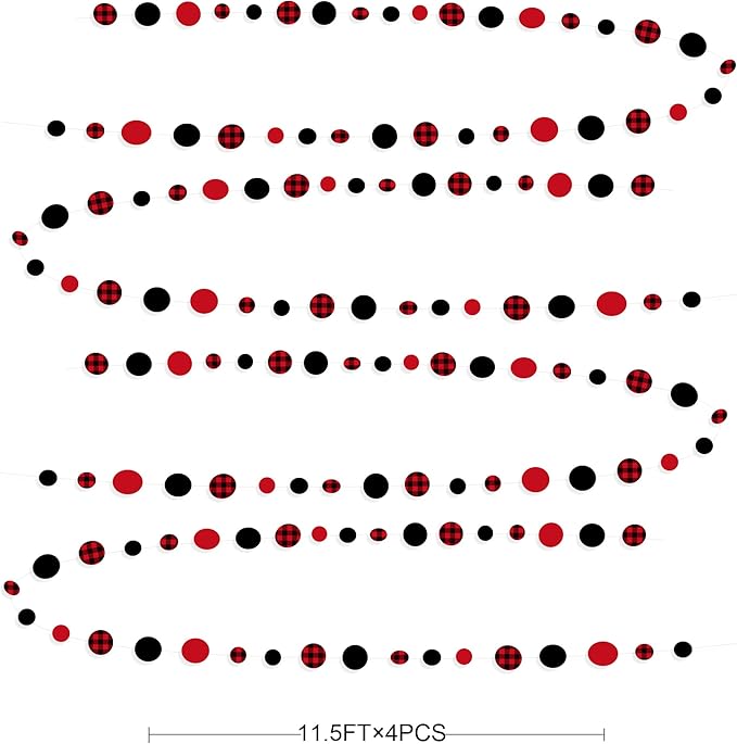 46Ft Buffalo Plaid Polka Dot Garlands Black Red Checkered Paper Circle Dot - Image 2