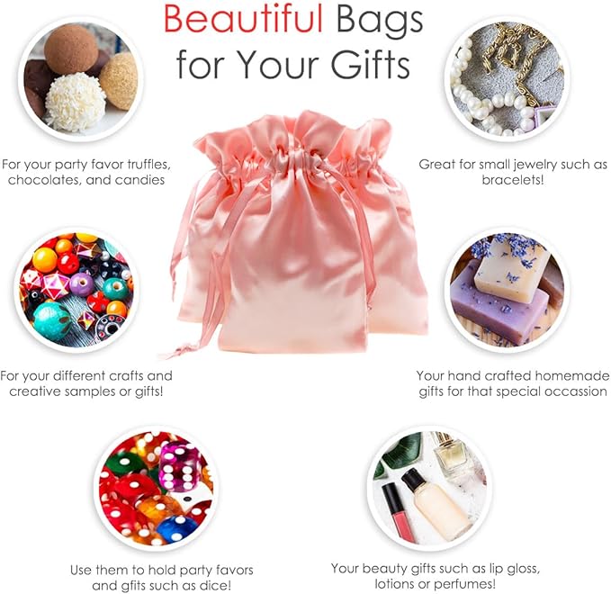 4" x 6" Pink Champagne Satin Gift Bags, Jewelry Bags, Wedding Favor Drawstring - Image 2
