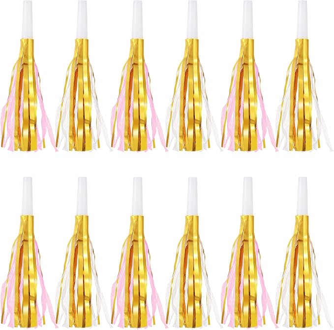24 Pieces Gold Noise Makers Glitter Metallic Fringed Party Blowers Pink Musical by Unknown