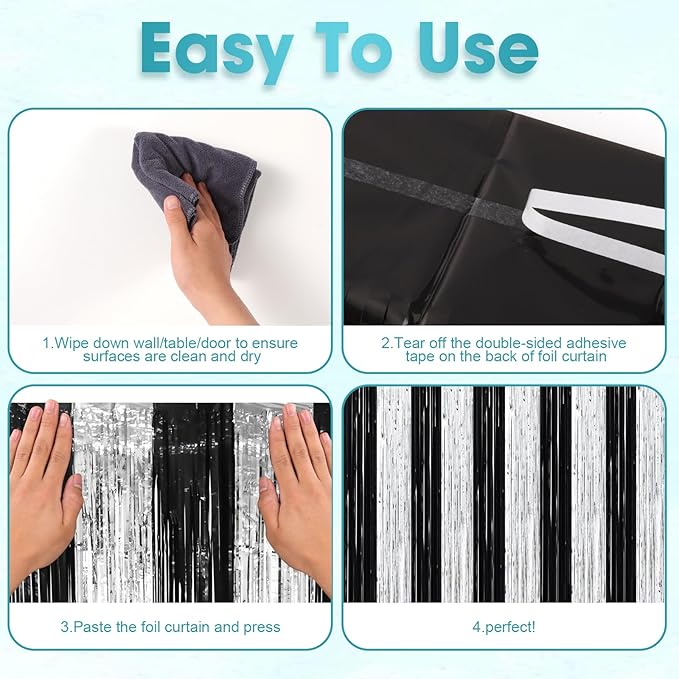 3 Pack 3.3 x 8.2 ft Black and Silver Foil Fringe Backdrop Curtains, Tinsel - Image 3