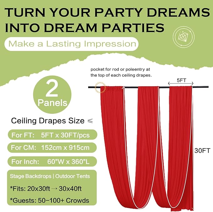 PartyVillage 2 Panels 5ftx30ft Red Ceiling Drapes - Image 6