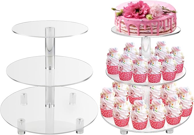 3 Tiers Round Cupcake Stand, Acrylic Cake Tower Stand Holder Macaron Display by Ufurty