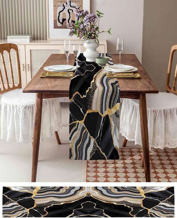 Geometric Black Marble Cotton Linen Table Runner - Image 6