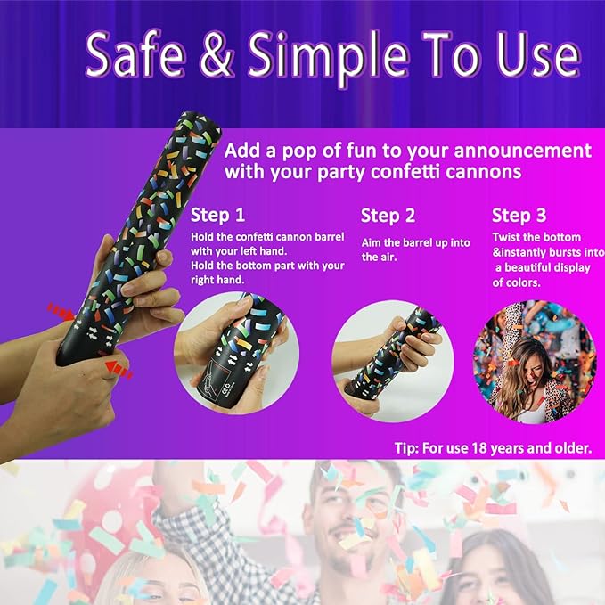 Biodegradable Confetti Cannon 6 Pack Multicolor Party Popper Shooters, 12 Inch - Image 2
