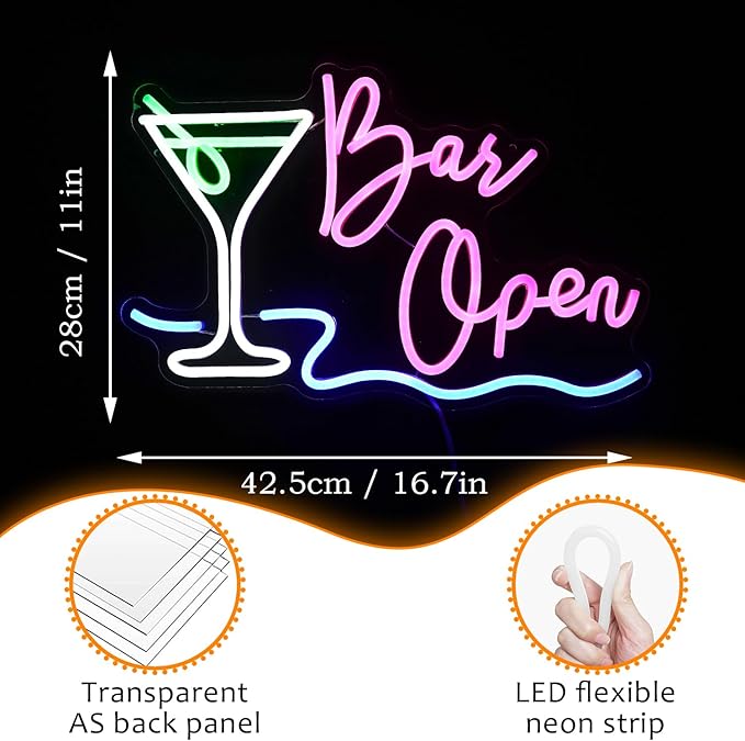 Bar Open Neon Sign Dimmable LED Cocktail Neon Lights Signs - Image 4