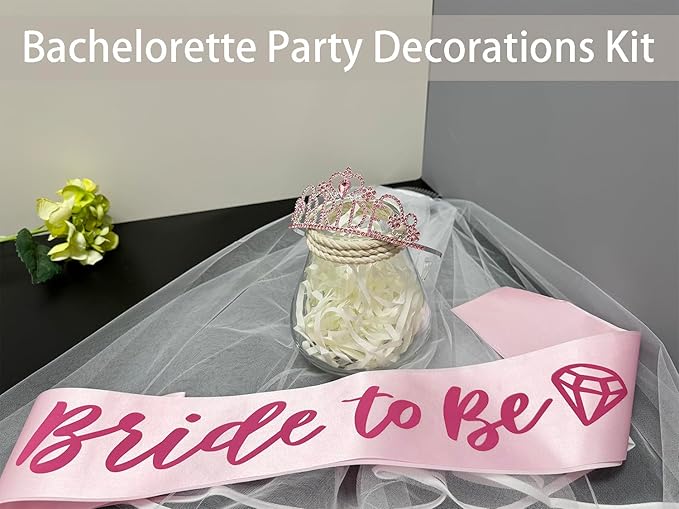 JETKONG 3 Pcs Bachelorette Party Decorations BRIDE Crown, Bride to Be Sash&Veil - Image 4